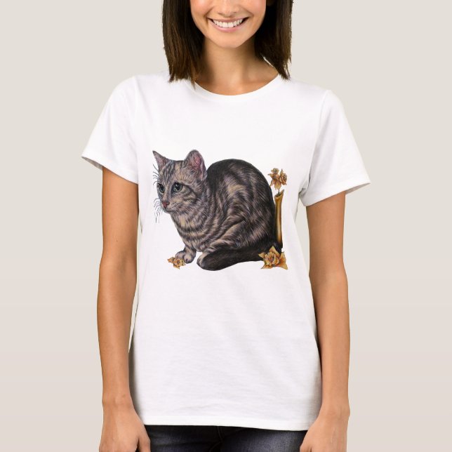 Teckning av katten med påskliljar t shirt (Framsida)