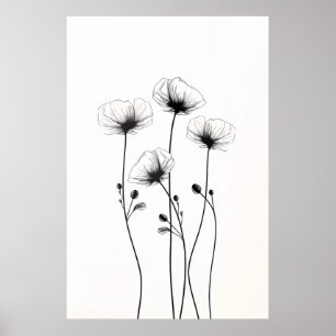 Teckning av minimalistiska blommor, i svartvitt. poster