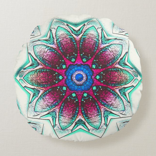 Teckning blomman struktur i metallcyan till rött b rund kudde (Framsidan)