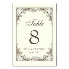 Teckning blommor, elfenben vintage bröllop bordsnummer