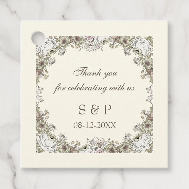 Teckning blommor, elfenbenstorn, bröllop gåvor etiketter (Framsida)