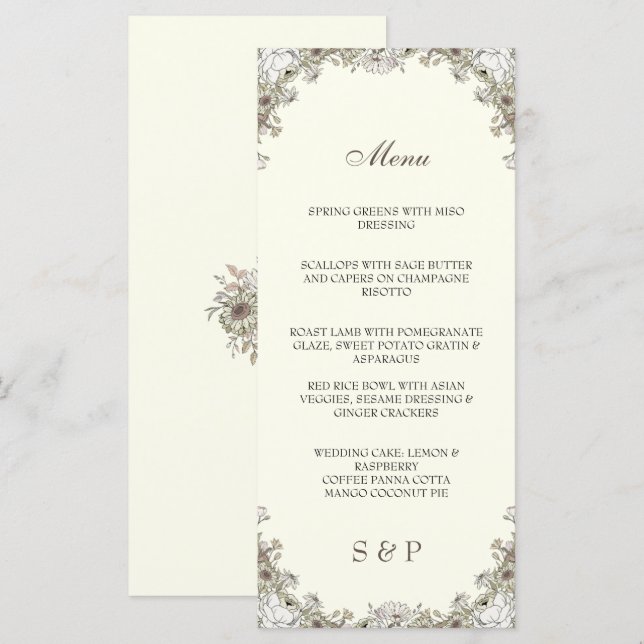 Teckning blommor, elfenbenstorn, bröllop meny (Fram/baksida)