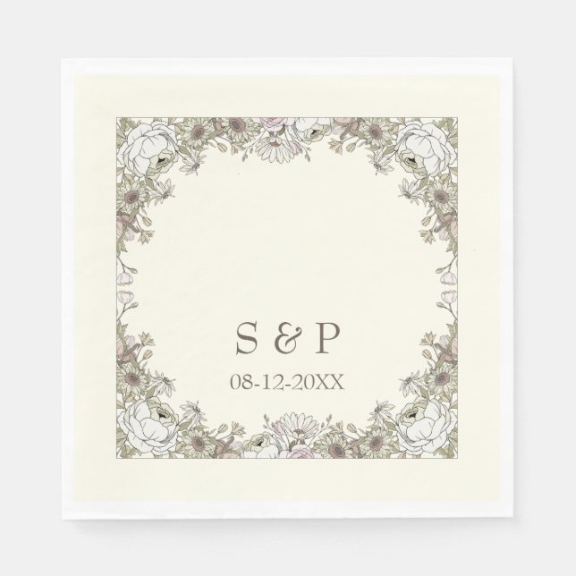 Teckning blommor, elfenbenstorn, bröllop pappersservett (Framsidan)