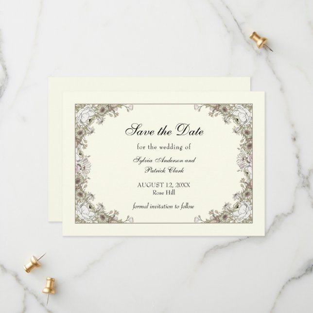 Teckning blommor, elfenbenstorn, bröllop spara datumet (Fram/Back In Situ)