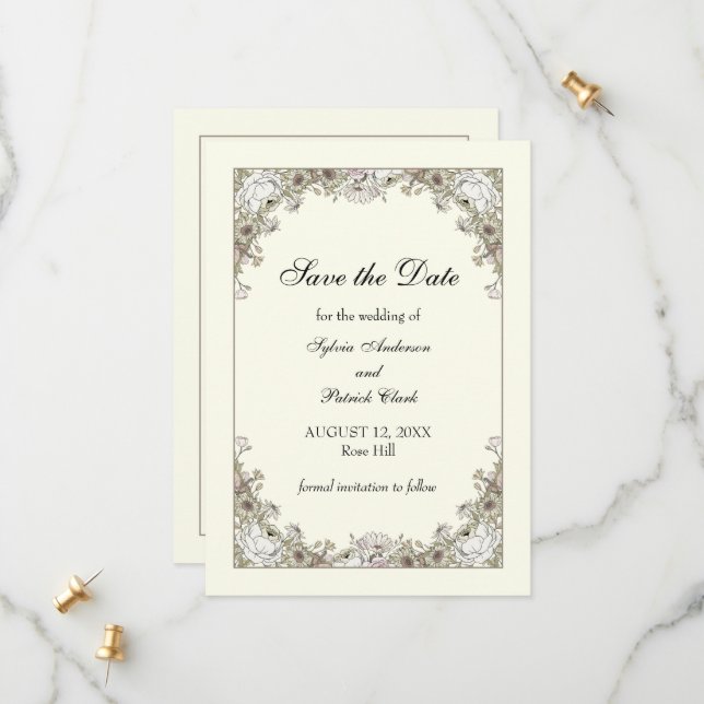 Teckning blommor, elfenbenstorn, bröllop spara datumet (Fram/Back In Situ)