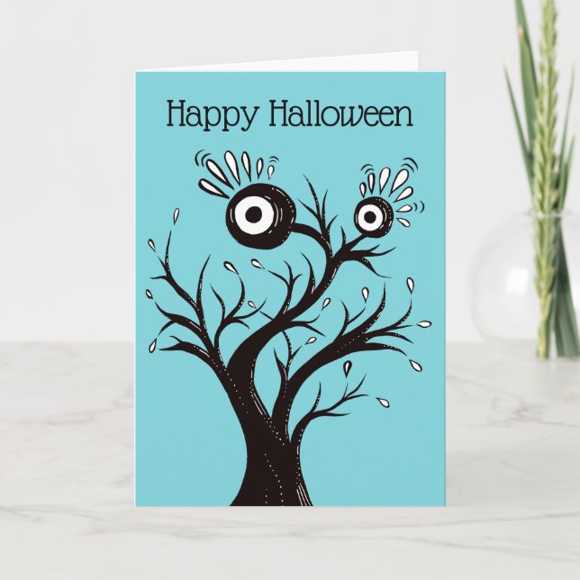 Teckning för bläck för happy halloweenträd kort (Framsida)