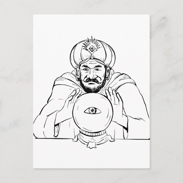 Teckning för förmögenhetkassörkristallkula vykort (Framsida)