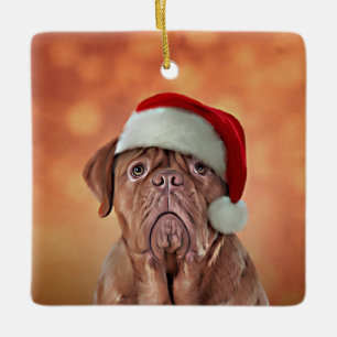 Teckning hund Dogue de Bordeaux i tomtens rödhatt Julgransprydnad Keramik
