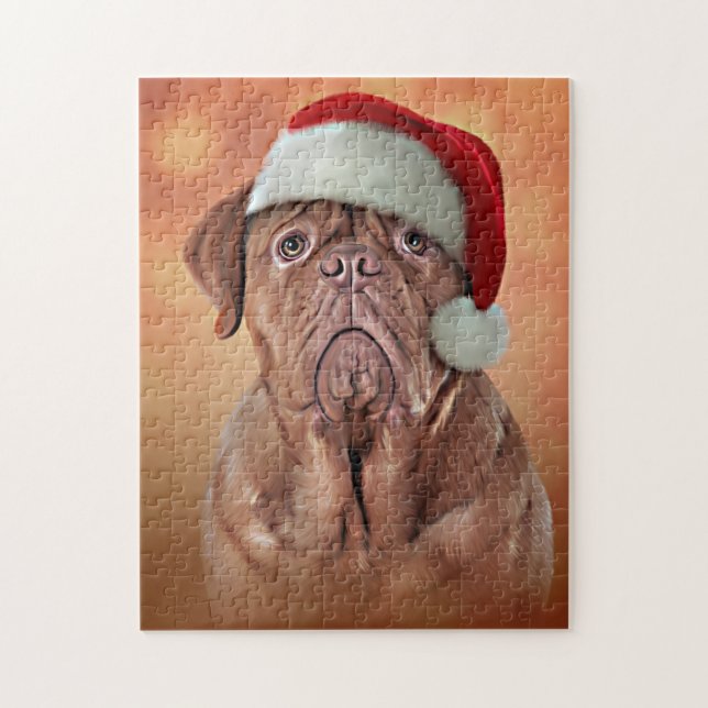 Teckning hund Dogue de Bordeaux i tomtens rödhatt Pussel (Vertikal)