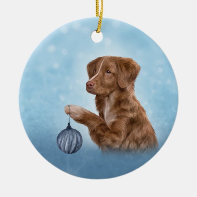 Teckning Hund Nova Scotia Anka Tolling Julgransprydnad Keramik (Framsidan)