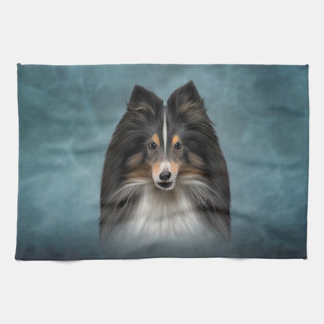 Teckning Hund Shetland Sheepdog, Sheltie Kökshandduk (Horisontell)