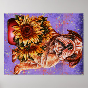 Teckning i Bulldog Sunblommor på Lila Paint Poster