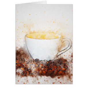 Teckning i en Hett Kopp av kaffe bland kaffebönor Hälsningskort