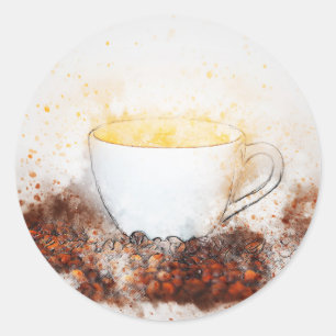 Teckning i en Hett Kopp av kaffe bland kaffebönor Runt Klistermärke