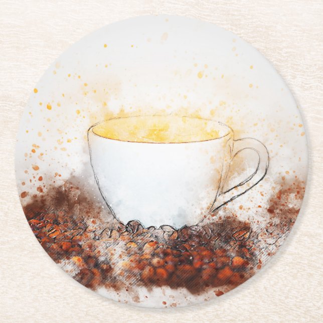 Teckning i en Hett Kopp av kaffe bland kaffebönor Underlägg Papper Rund (Framsidan)