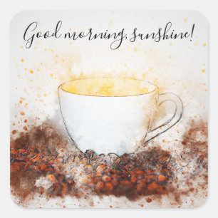 Teckning i Hett Kopp i Coffee Bra God morgon Sunsh Fyrkantigt Klistermärke