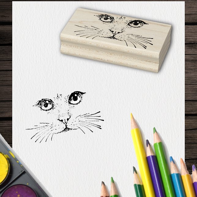 Teckning i Katt Ansikte med Ögon Nose Long Whisker Stämpel (Black drawing of cat face with eyes and long whiskers on craft rubber stamp.)