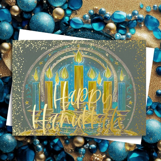 Teckning i Menorah Grått Gult Blue Lycklig Hanukka Helgkort (Skapare uppladdad)