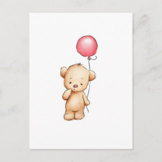 Teckning i nalle med röd ballong vykort