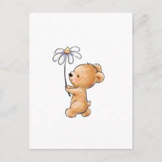 Teckning i nalle som går med blomma vykort