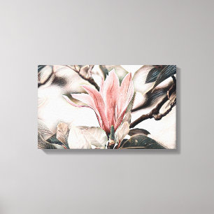 Teckning i rosa magnolia-blomman gren canvastryck