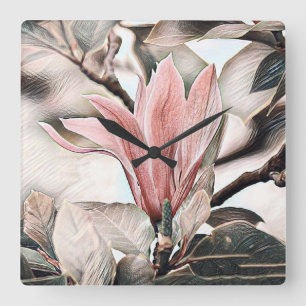 Teckning i rosa magnolia-blomman gren fyrkantig klocka