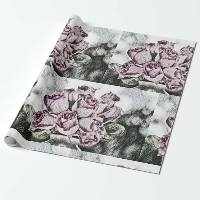 Teckning i rosa ros-bucket-Pappra Presentpapper (Utrullad)