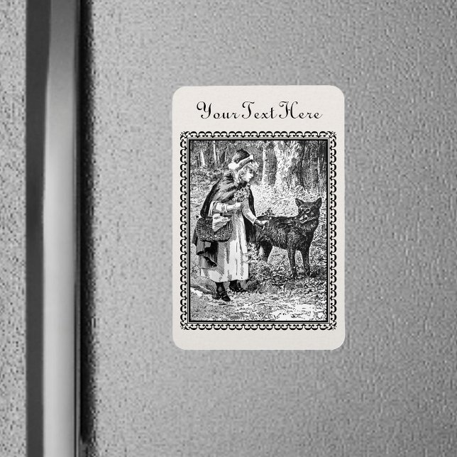 Teckning Little Red Riding Huva Varg Skogen Magnet (Framed Black White Little Red Riding Hood in Forest with Wolf on rectangle magnet.)