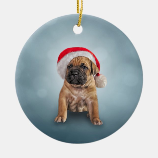 Teckning valp Käpp Corso i röd hatt från Jultomten Julgransprydnad Keramik (Framsidan)