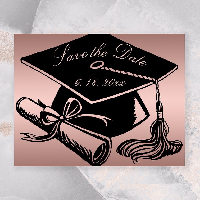 Teckningsbevis för studenten-Ro-Guld Spara datum Meddelande (Rose Gold Graduation Save the Date with a Black Grad Cap)