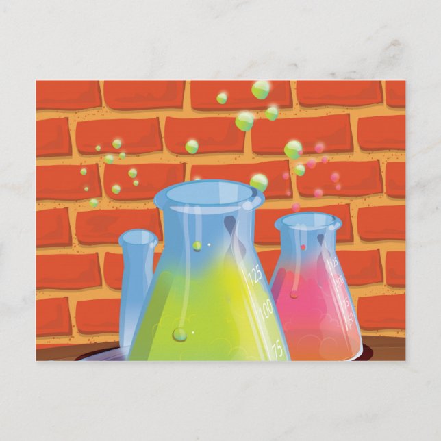 Teckningsglasvetenskap utrustning på en bänk vykort (Framsida)