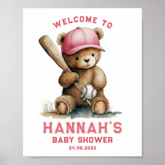 Tedd Bear Baseball Player Boy Welcome Baby Shower Poster