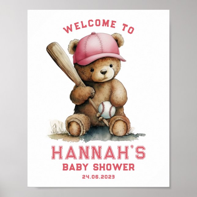 Tedd Bear Baseball Player Boy Welcome Baby Shower Poster (Framsidan)