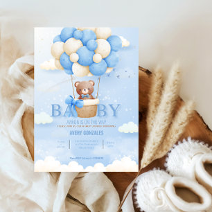 Teddby Bear Balloon Blå himmel Pojke Shower Inbjudningar