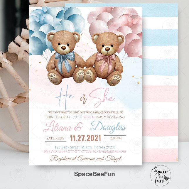 Teddi Bear Baby Shower-inbjudan Han eller hon Gend Inbjudningar (Teddy Bear invitation,Baby Shower Invitation,He or She,Gender Reveal, Baby Shower bear,teddy bear In)