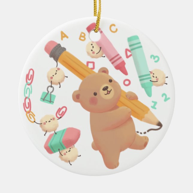 Teddy återvänder till skolillustration julgransprydnad keramik (Framsidan)