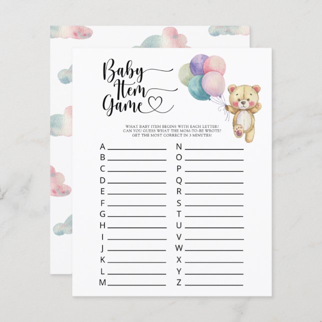Teddy - Baby Första Saker Spel. Baby Shower Spel (Fram/baksida)