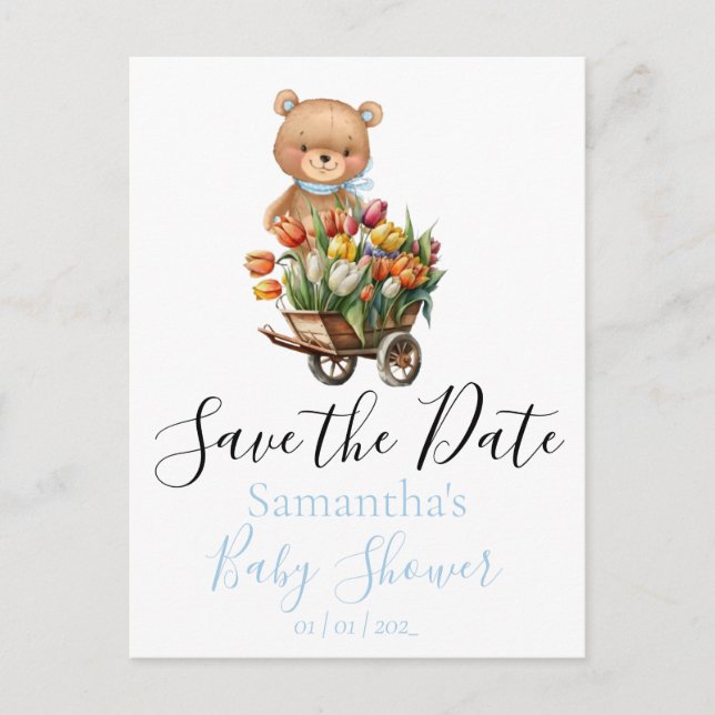 Teddy Baby Shower Rustic Flora Spara datum Vykort (Framsida)