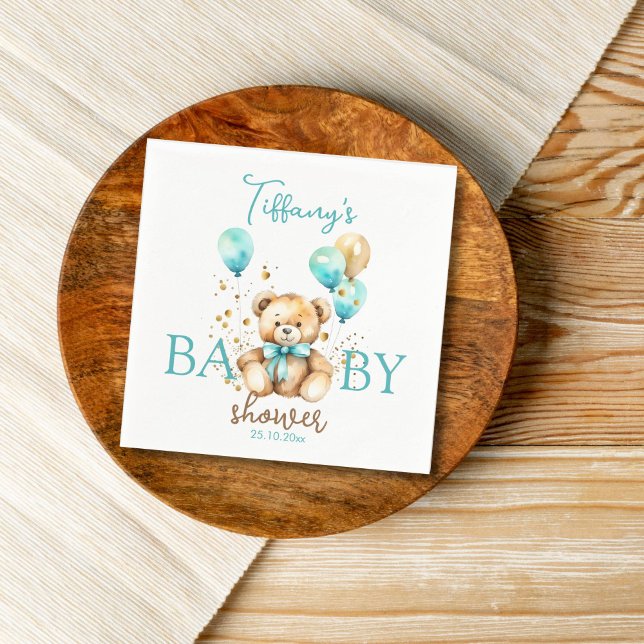 Teddy babydusch tableware söt aqua brun pappersservett (Teddy bear baby shower personalized napkins cute fluffy teddy with balloons napkins aqua blue gold)