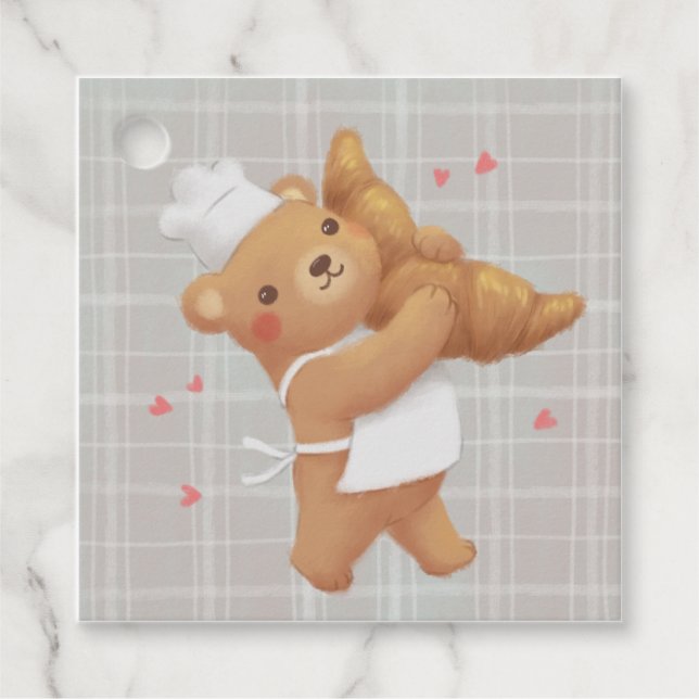 Teddy Baker med Croissant Gåvor Etiketter (Framsida)
