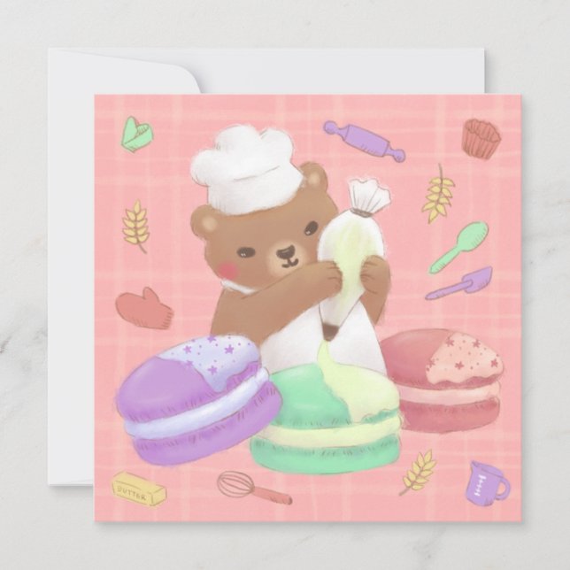 Teddy Baker med Macarons Inbjudningar (Framsida)