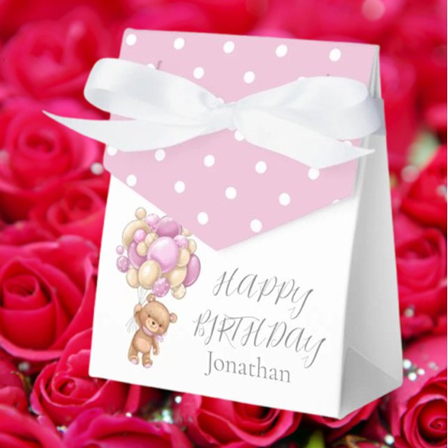 Teddy Balloon Bearly Wait Birthday Girl Rosa Presentaskar (Delight your birthday girl with our adorable Teddy Balloon Bearly Wait favor boxes! )