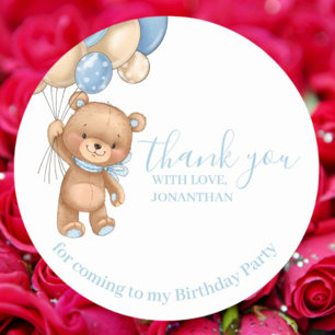 Teddy Balloons Grattis på födelsedagen Tack Blue B Runt Klistermärke