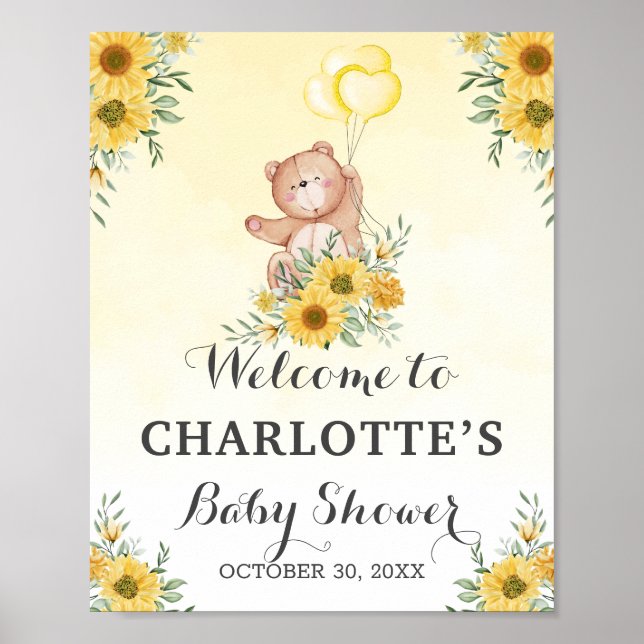 Teddy Barly Wait Solros Greenery Baby Shower Poster (Framsidan)