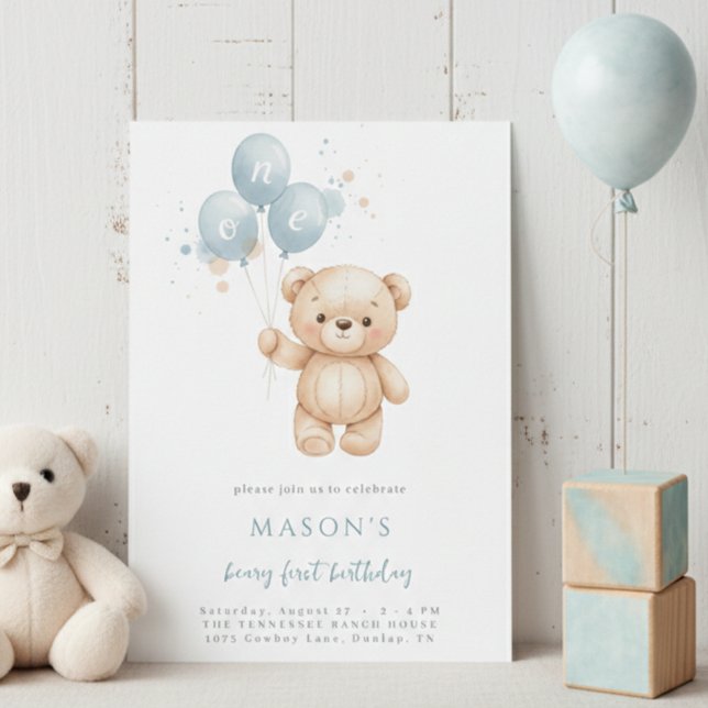 Teddy Bear 1st Birthday Blue Watercolor Inbjudningar (Skapare uppladdad)