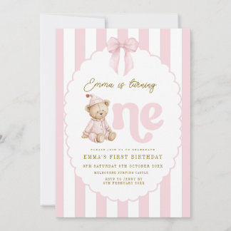 Teddy Bear 1st Birthday Invitation Girl Inbjudningar