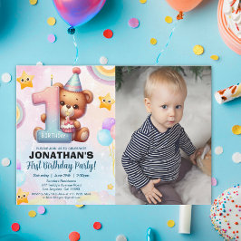 Teddy Bear 1st Birthday Photo Personalized Baby  Inbjudningar