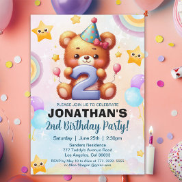 “Teddy Bear 2nd Birthday | Cute Watercolor Balloon Inbjudningar