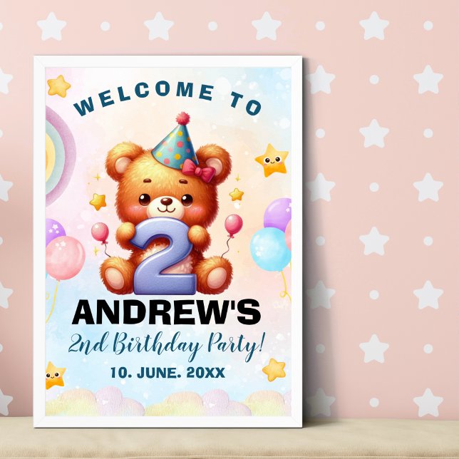 Teddy Bear 2nd Birthday Party | Cute Watercolor be Poster (Skapare uppladdad)