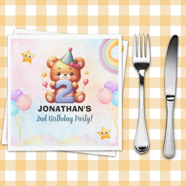 Teddy Bear 2nd Birthday Party Napkins | Watercolor Pappersservett (Skapare uppladdad)